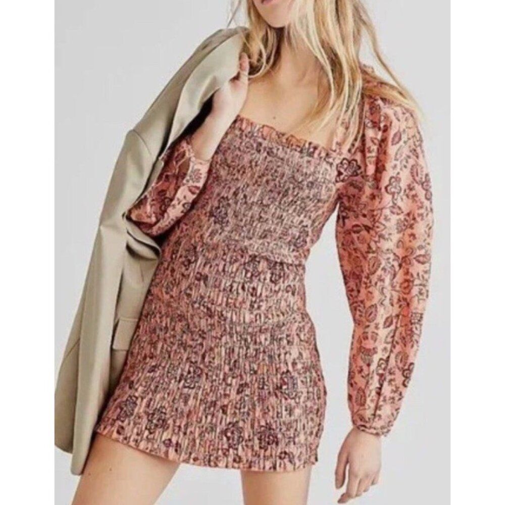 NWT Free People Smock It To Me Mini Dress Women's Small Apricot Combo bodycon